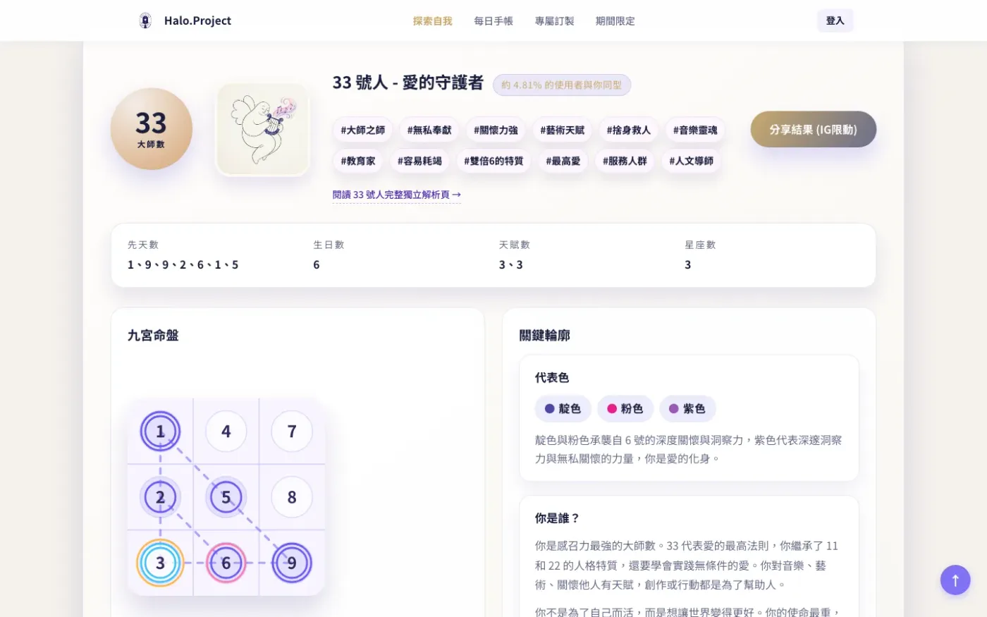 生命靈數計算器的結果畫面,顯示九宮格與配色建議